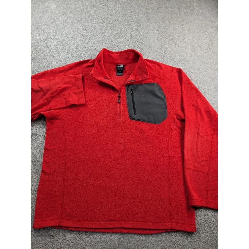 The North Face Mens Large Red Quarter Zip Fleece Pullover Grey Chest Pocket L